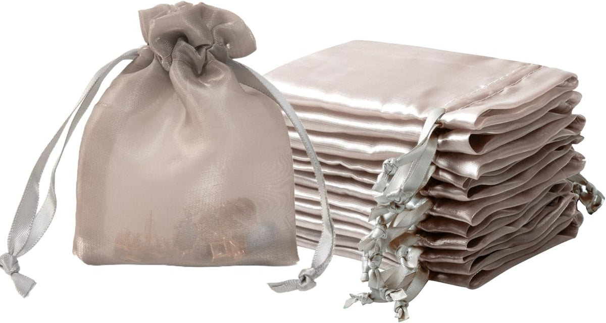 QIANF 20 Pcs Champagne Small Organza Bags 3X4 inch for Wedding Favors with Drawstring, Mini Mesh