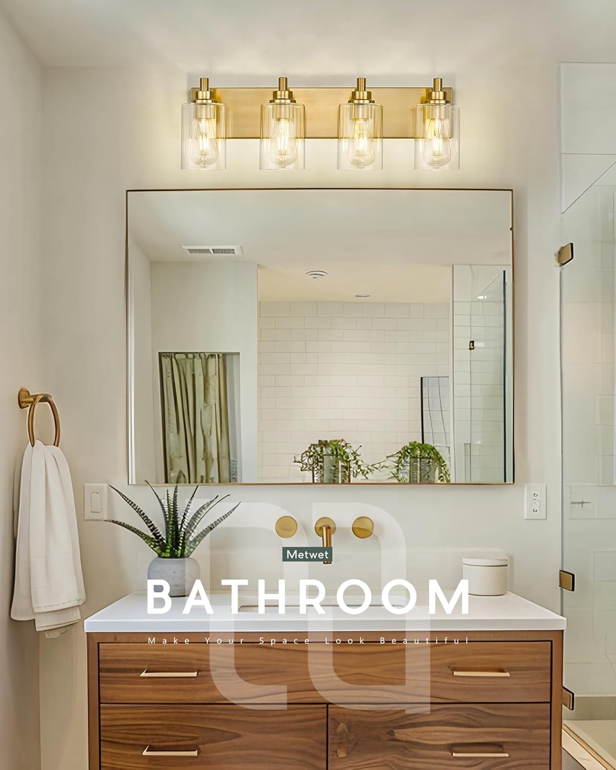 4-Light Bathroom Light Fixtures, Brushed Gold Vanity Light with Cylinder Clear Glass Shade, Modern