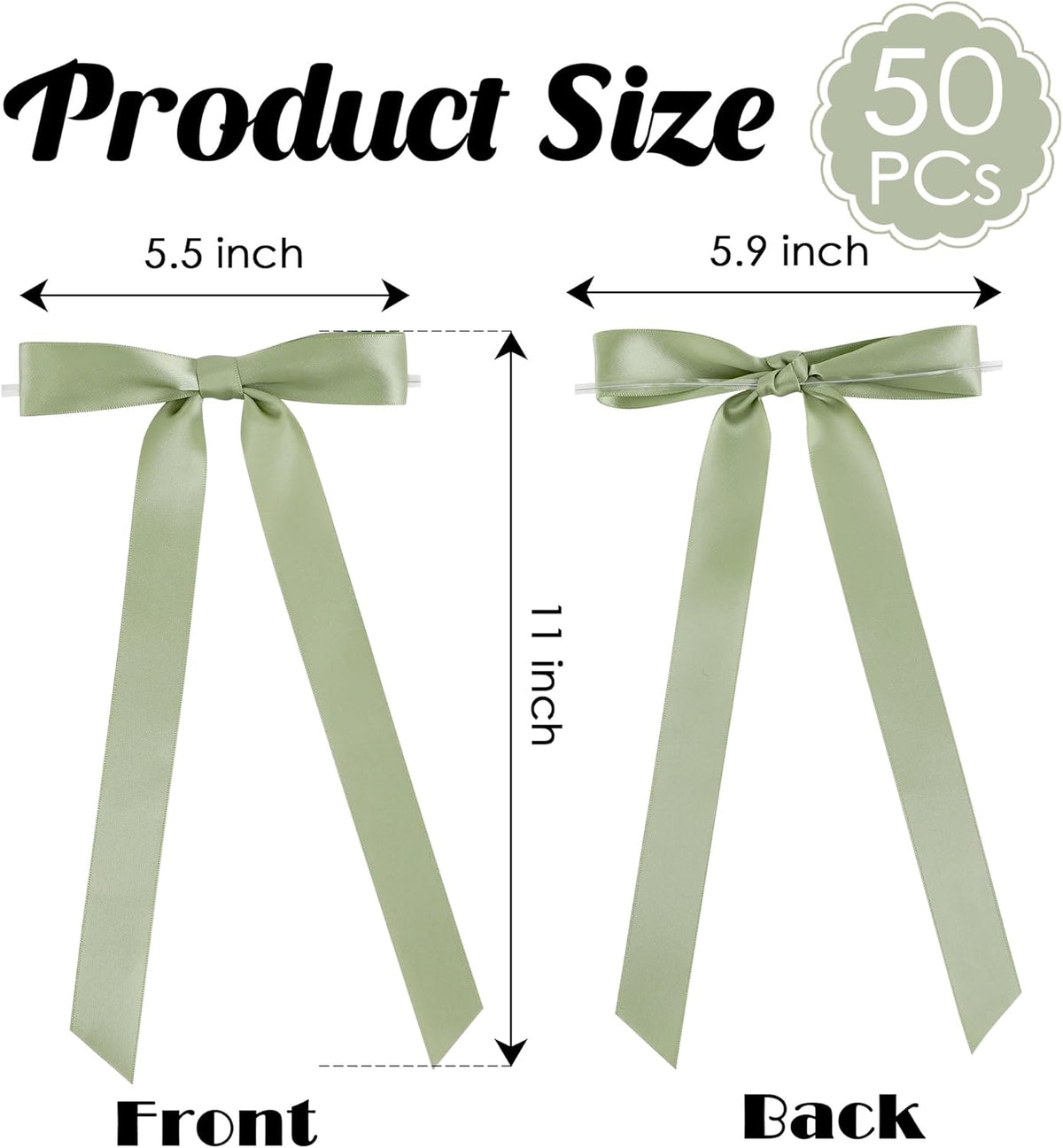 50 PCs Sage Green Bow Decor 5.5'' Satin Bows with Long Tail, Twist Tie Bows for Craft, Packaging