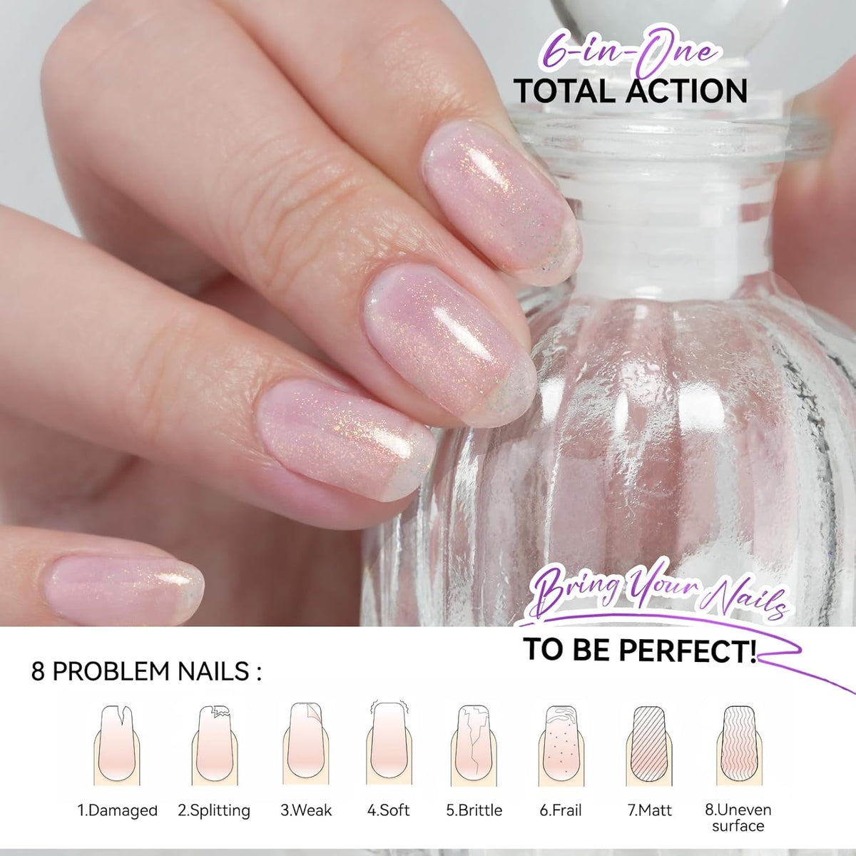 Women Nail Strengthener Protein for Daily: Glittering Pearl 15ml Gelike EC 6 in 1 Nail Treatment