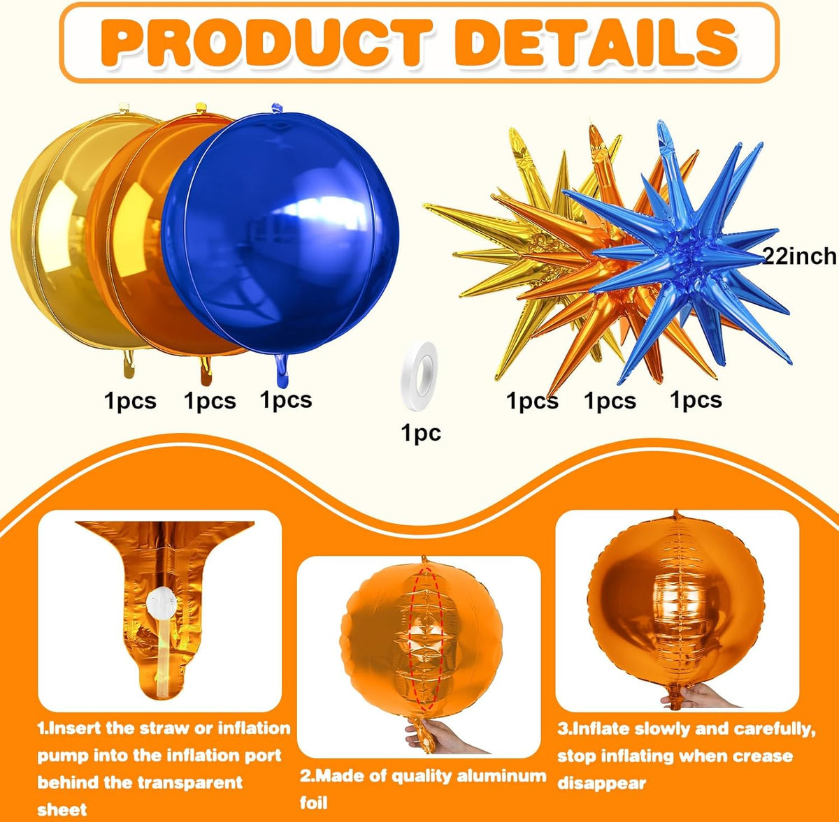 6Pcs Blue Orange Gold Foil Balloons,22Inch Orange Blue Gold 4D Round Ball Balloon and Explosion