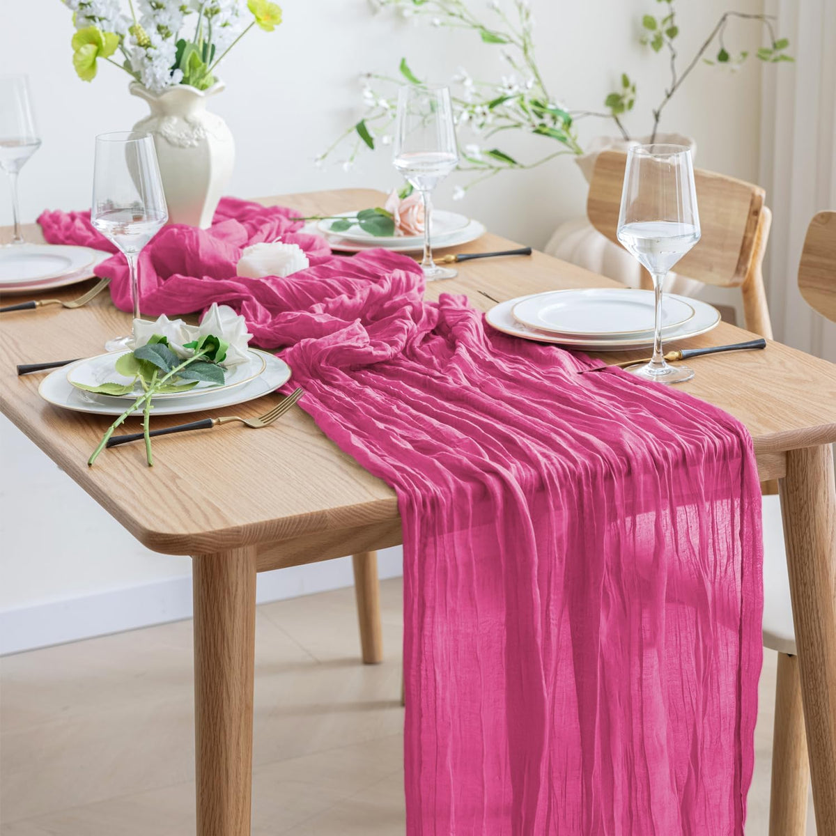 Asee'm 4pcs Cheesecloth Table Runner 120 Inches Long Deep Pink Boho Gauze Cheese Cloth Runner 10FT