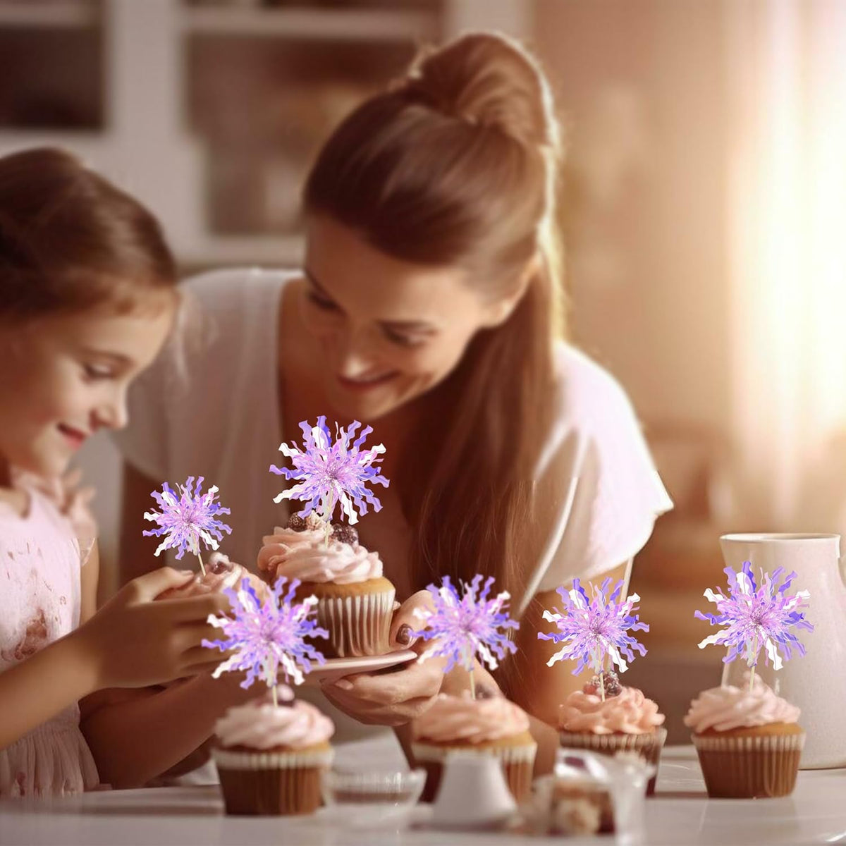 Gyufise 30Pcs Foil Firework Cupcake Toppers Happy Birthday Cake Toppers Tinsel Flower Drink