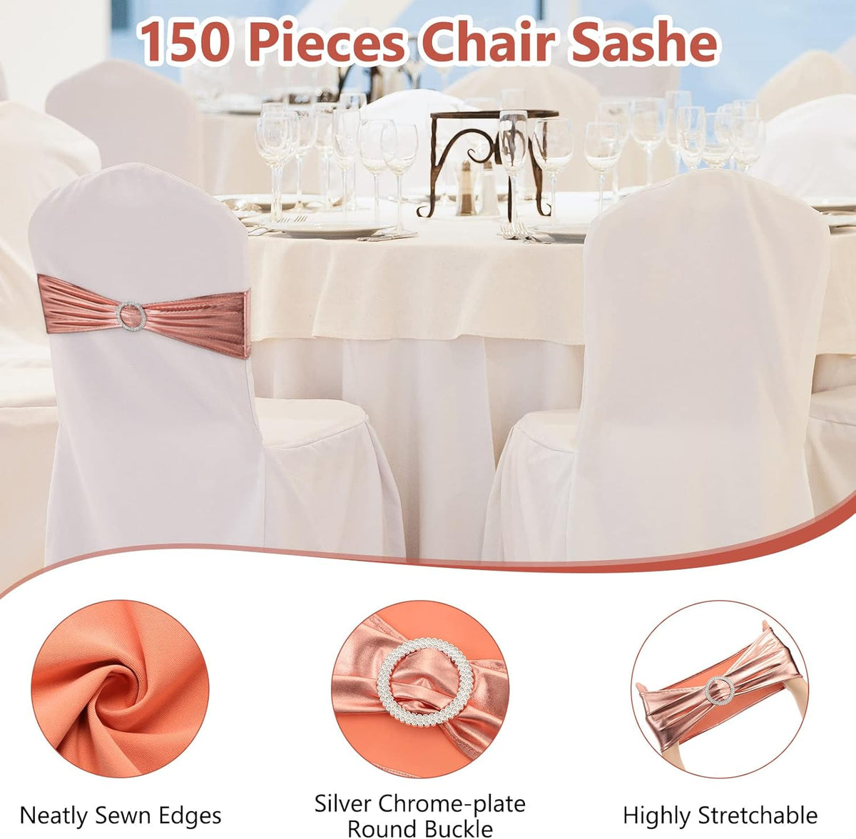CHENGU 150 Pieces Spandex Stretch Chair Sashes Bows Elastic Chair Cover Bands Ties with Buckle