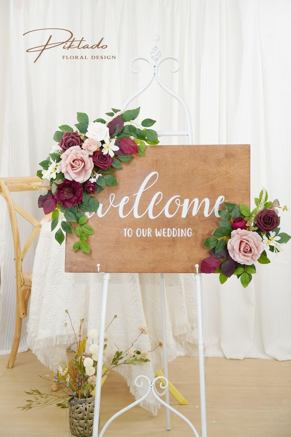 Wedding Decor (Pack of 2) Welcome Sign Flower Backdrop Garland for Ceremony Reception Wall Easel
