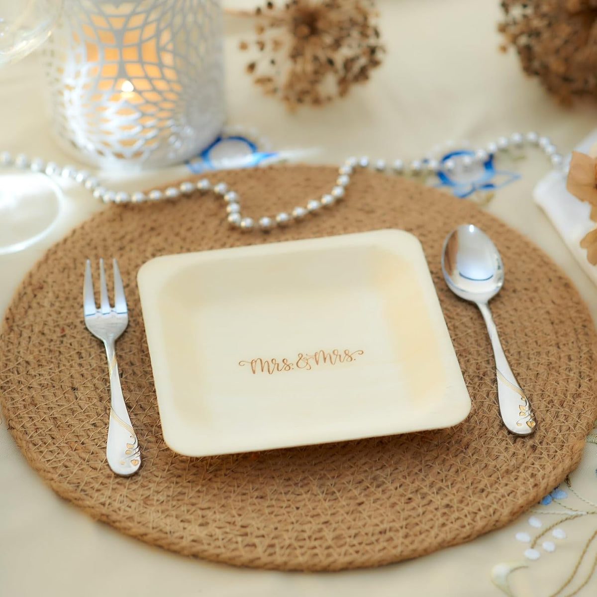Mrs. and Mrs. Disposable Wedding Plates – Rustic, Compostable Alternative to Plastic Plates for
