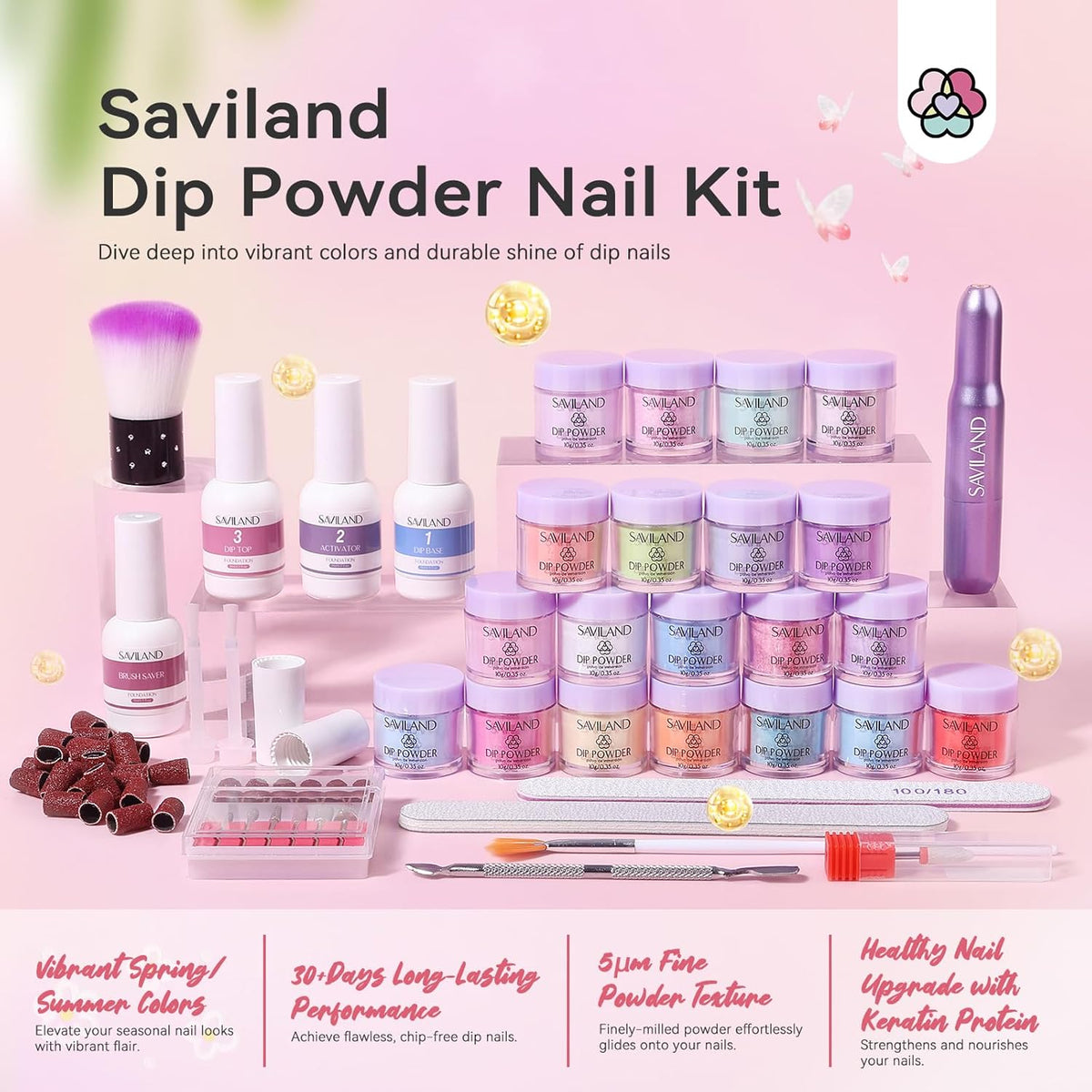 SAVILAND Dip Powder Nail Kit with Drill - 20 Colors Summer Dip Nails Powder Starter Kit with