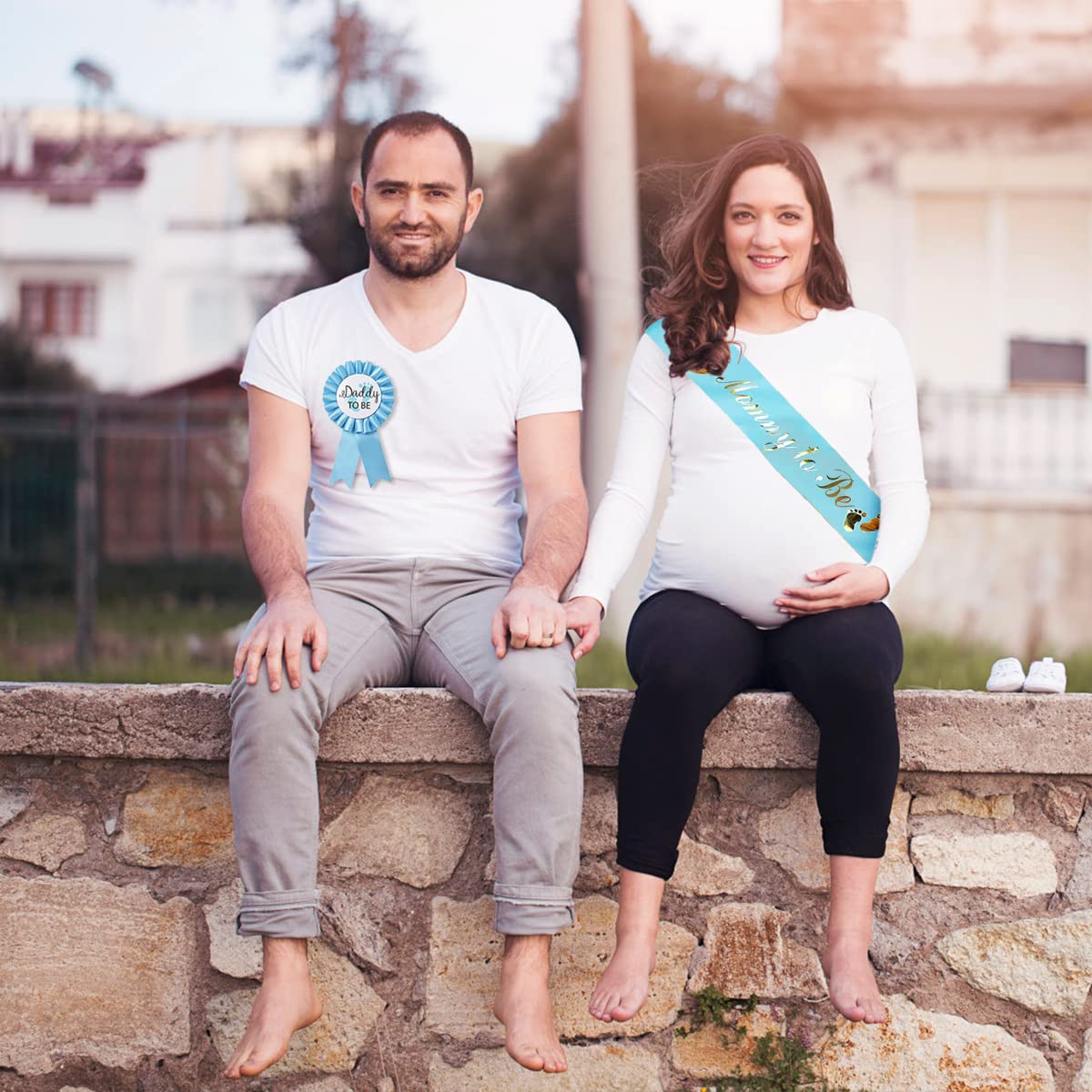 HUKONHEP 2 Packs Blue Baby Shower Sash, Mommy to Be Sash and Daddy to Be Badge, Baby Shower