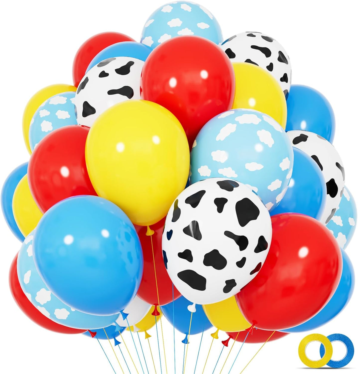 68Pcs Red Yellow Blue Toy Balloons 12 Inch Light Blue Cloud Cow Print Balloons for Baby's Birthday