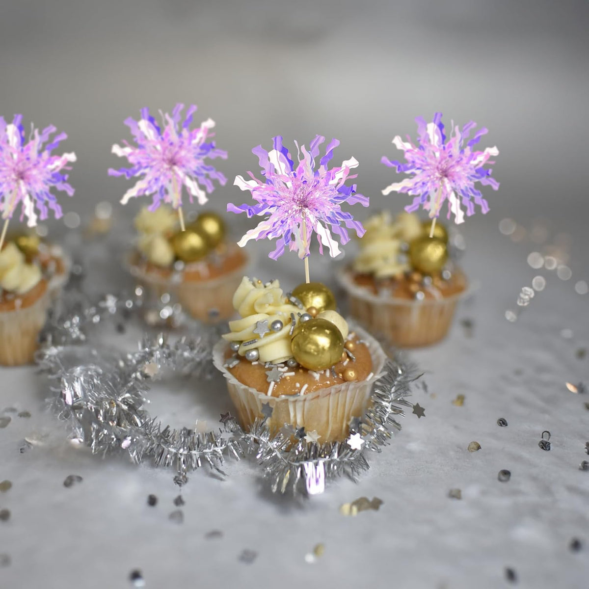 Gyufise 30Pcs Foil Firework Cupcake Toppers Happy Birthday Cake Toppers Tinsel Flower Drink