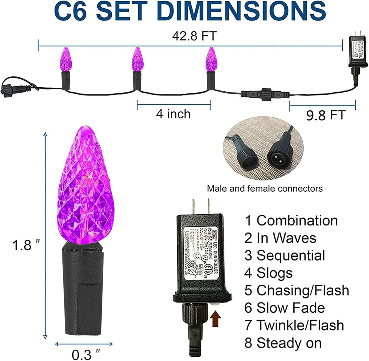 Dazzle Bright Halloween Lights, 100 LED 33 FT C6 String Lights with 8 Modes, Connectable Halloween