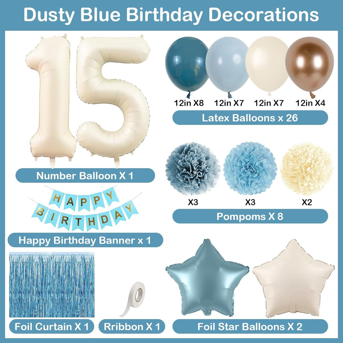 Dusty Blue 15th Birthday Party Decorations Boys Girls Beige Cream Number 15 Balloon with Blue Gold