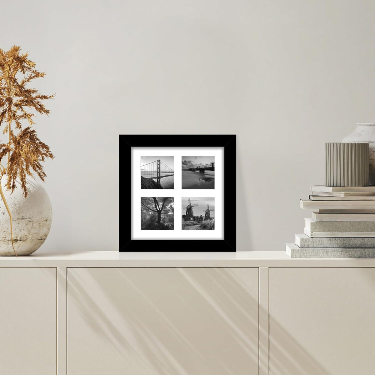 8x8 Picture Frame Set of 2, with Glass and Black Wood Frames, Display Collage Four Opening 3x3 With