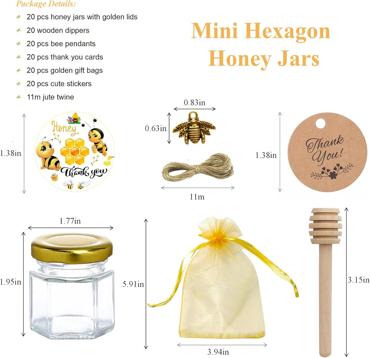 IIKUM 20 Pack Glass Honey Jars, 1.5 oz Hexagon Honey Pots with Lids, Wooden Dippers, Bee Pendants