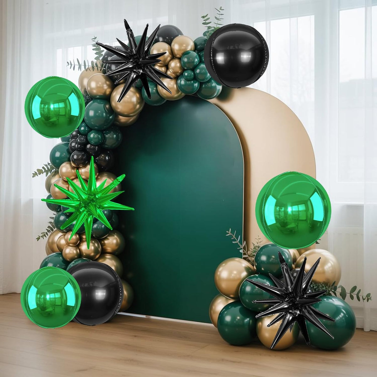 6Pcs Black Green Foil Balloons,22Inch Black Green 4D Round Ball Balloon and Explosion Star Balloon