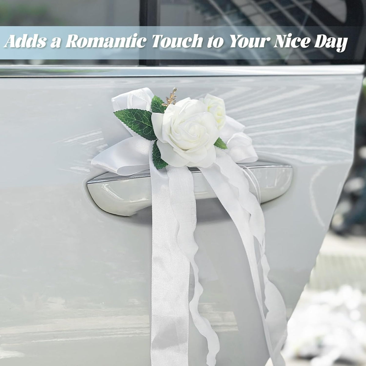 4PCS Wedding Car Door Handle Decorative Flowers, White Artificial Cars Bouquet Flower Bowknot