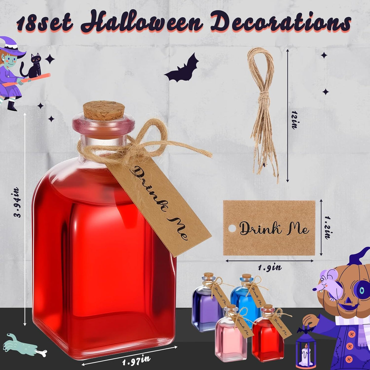 Baderke 18 Pcs 4oz Glass Potion Bottles Favor Jars with Cork Lid Twine Tags Glass Bottles Tiny