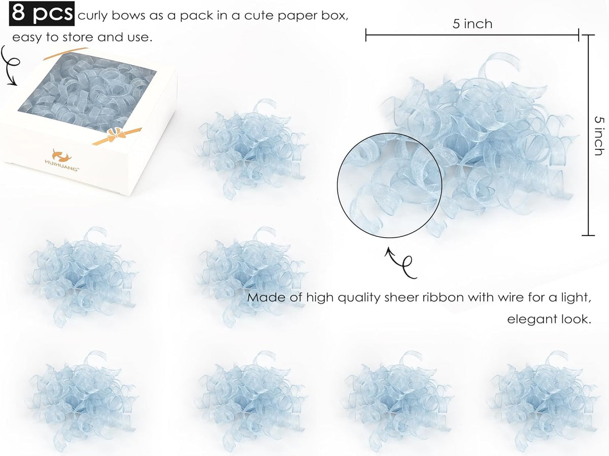 HUIHUANG Blue Bows for Gift Wrapping Burst Curly Gift Bows 5 inch x 8 Counts Self-Adhesive Curly