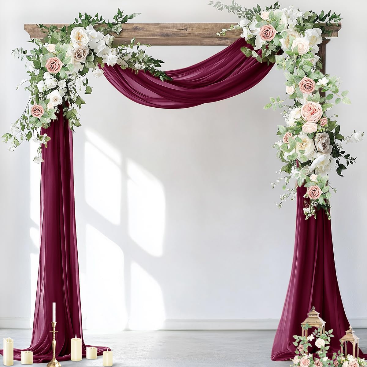 Socomi Wedding Arch Draping Fabric 3 Panels 29" x 19Ft Burgundy Sheer Chiffon Curtain Drapes 6