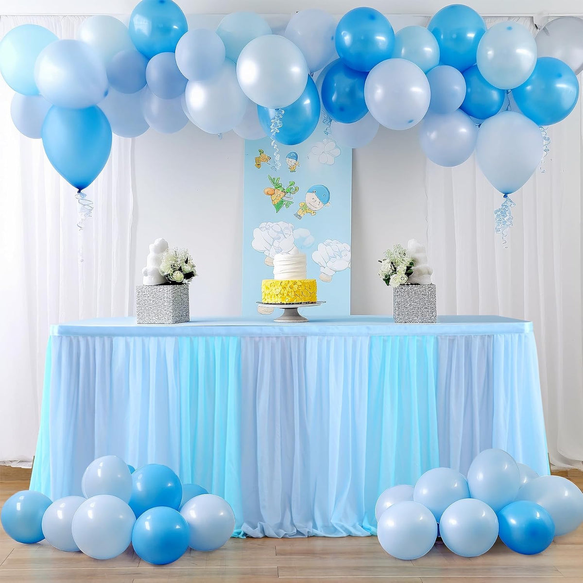 Frozen Theme Party Tulle Table Skirt for Rectangle Tables 6ft Ocean Blue Ruffle Tutu Table Cloth