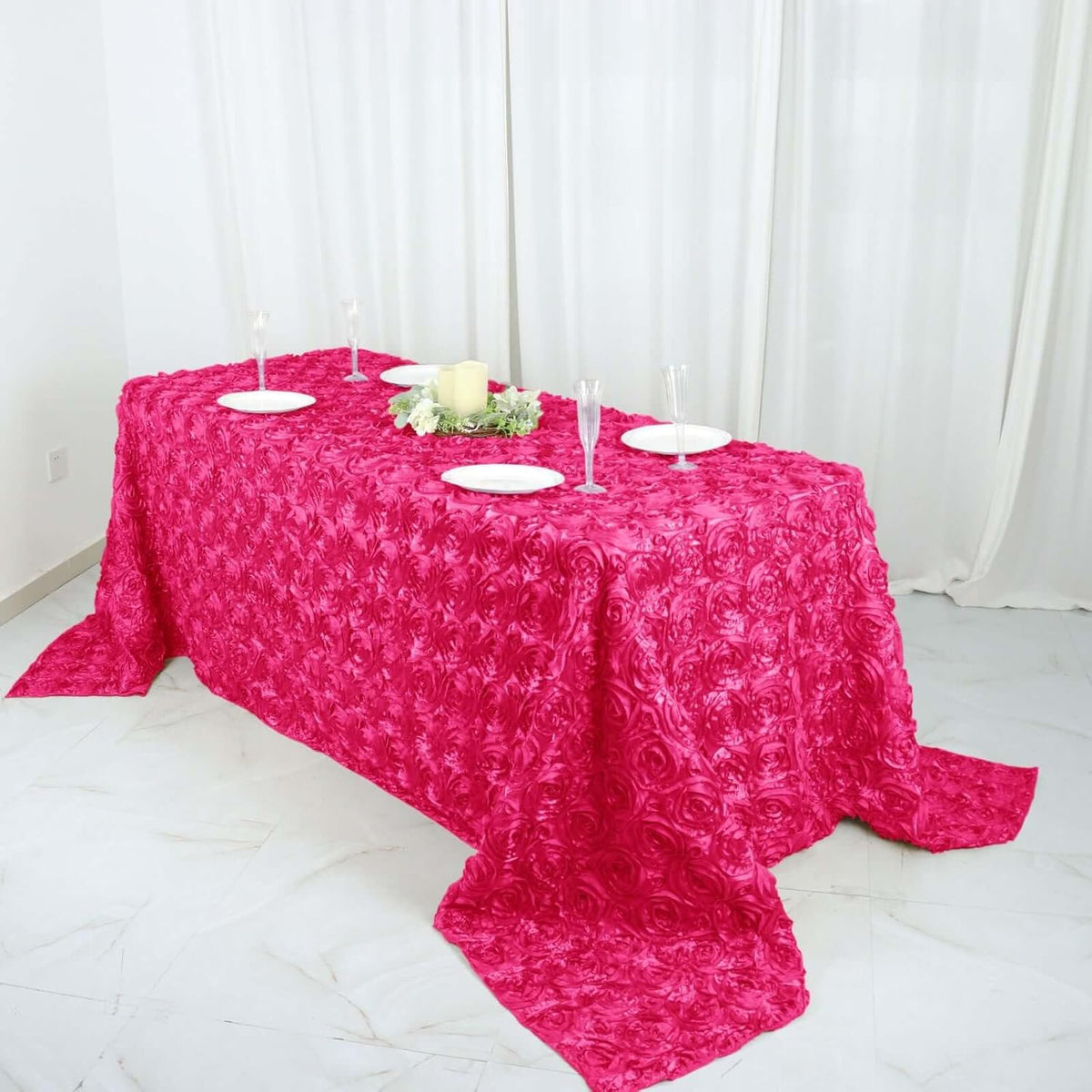 Efavormart 90"x132" Wholesale Rectangle Table Cover Fushia Grandiose Rosette 3D Satin Tablecloth