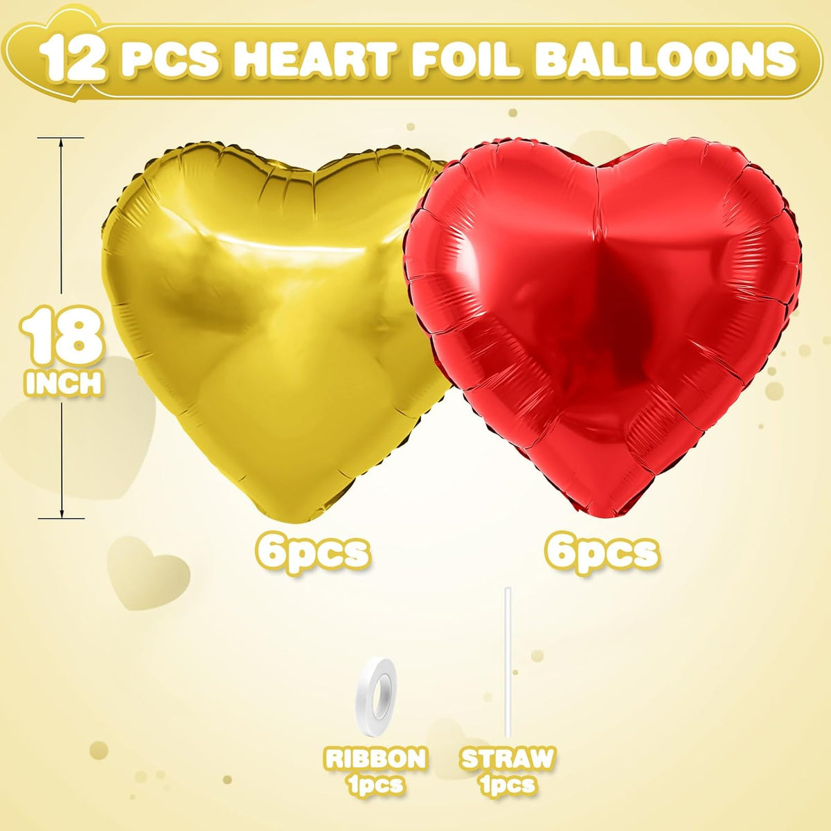 Red Gold Heart Balloons,12Pcs Red Heart Shaped Foil Balloons,18Inch Gold Helium Polyester Film
