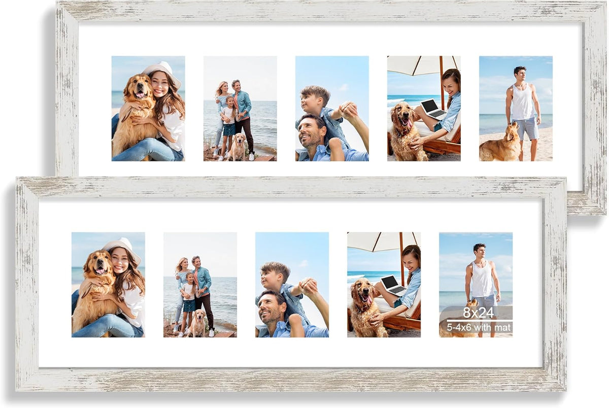 8x24 Picture Frame 2 Pack, Distressed White Wood Frame with Tempered Glass, Display Pictures