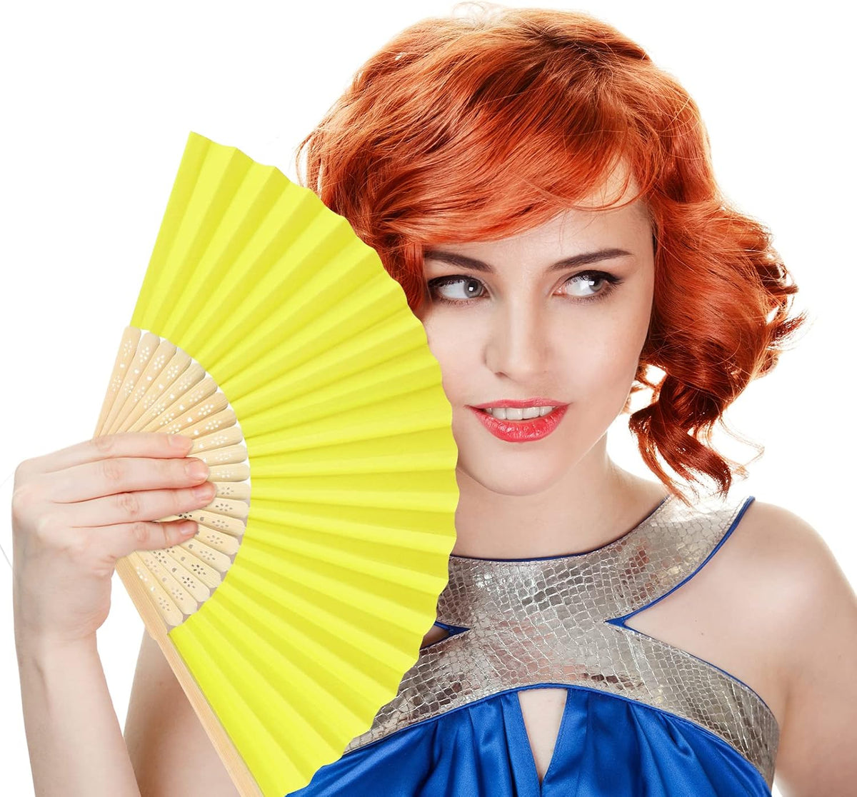 FEPITO 20 Pieces Handheld Yellow Paper Fan Paper Folding Fans with Bamboos for Wedding Gift, Party