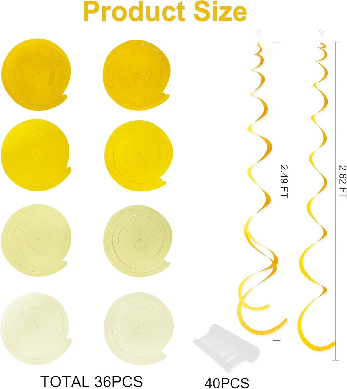 36Pcs Yellow Hanging Swirl Decorations Ombre Yellow Felt Swirl Streamer Spiral Ceiling Decoration