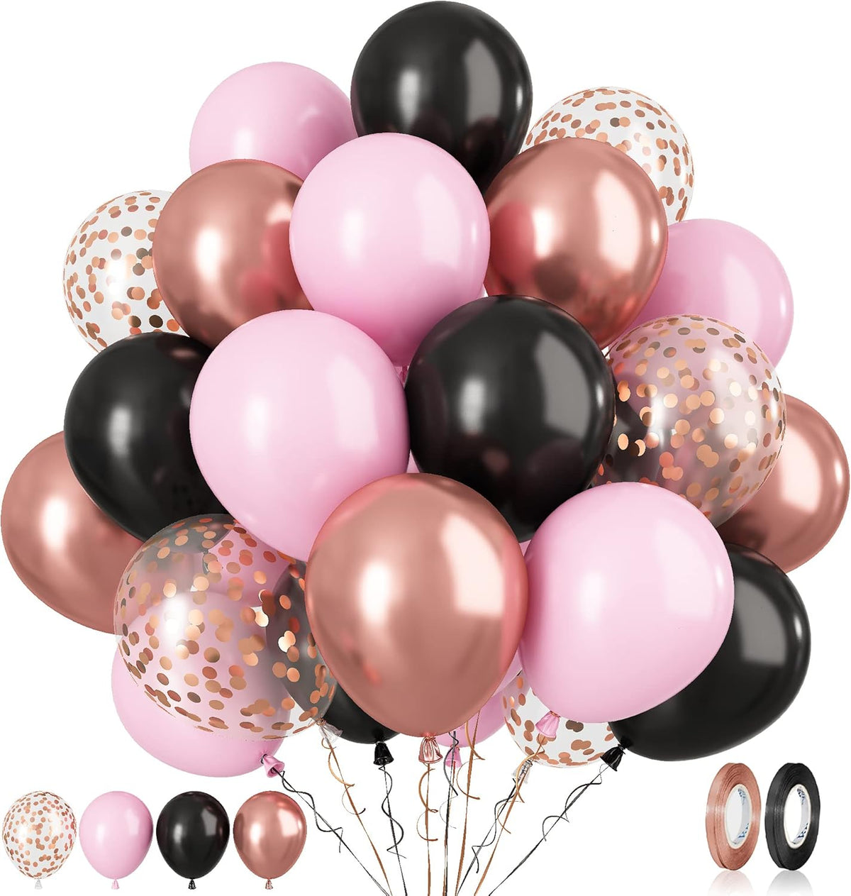 Paready Black Pink Latex Balloons, 60 Pcs 12 Inch Metallic Rose Gold and Confetti Balloons for