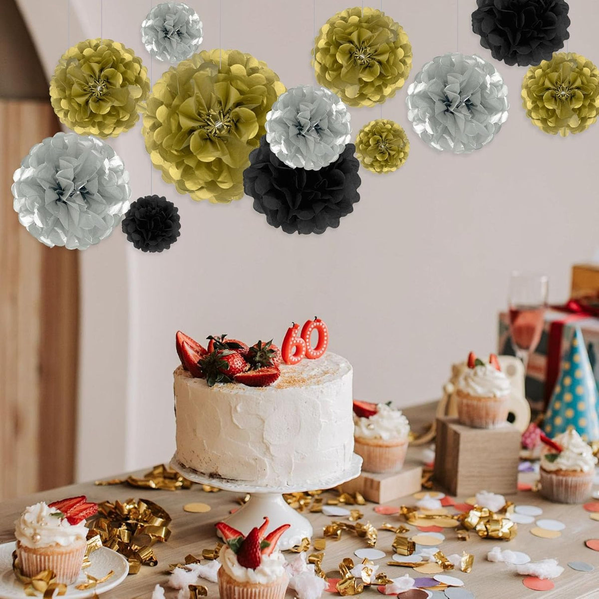 Tissue Paper Pom Poms, Black Gold Silver Tissue Paper Flowers, Hanging Flower Balls for Weddings