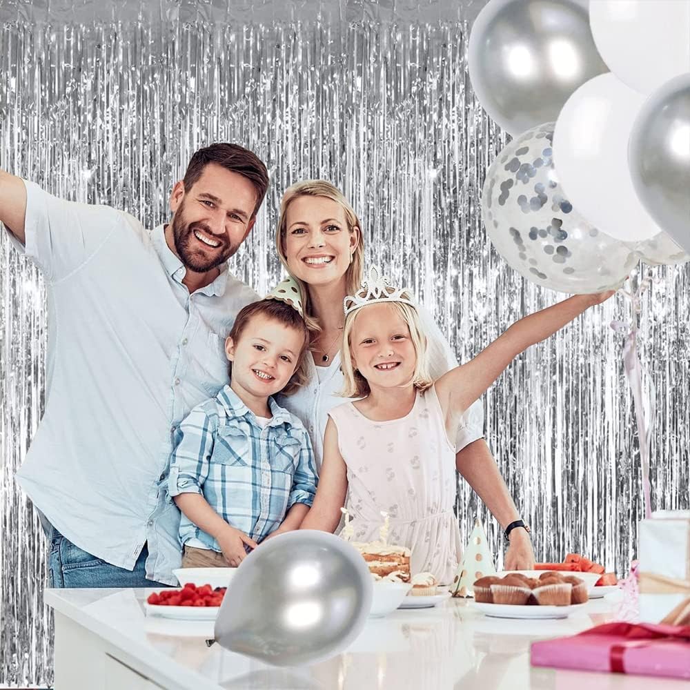 TONIFUL 3Pcs Silver Metallic Tinsel Foil Fringe Curtains,3.28ft x 6.56ft Silver Photo Booth