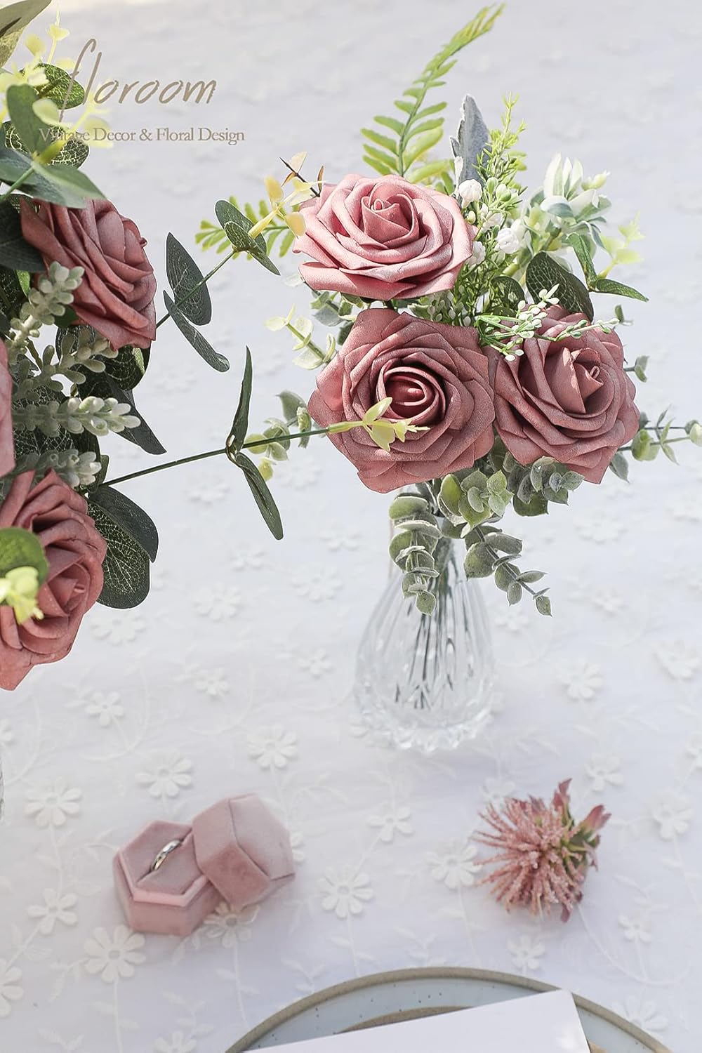 Floroom Artificial Flowers 25pcs Real Looking Dusty Rose Foam Fake Roses with Stems for DIY Wedding