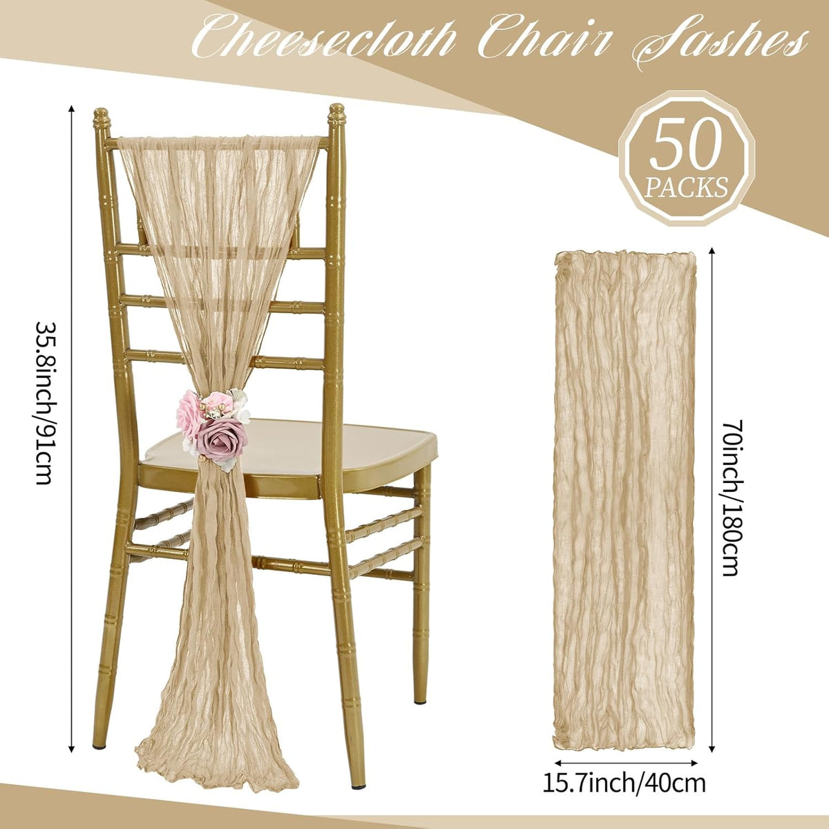 50 PCS Cheesecloth Chair Sashes, Bows Designed ChairSashes, 15.7x70 inch Chair Sashes for Aisle