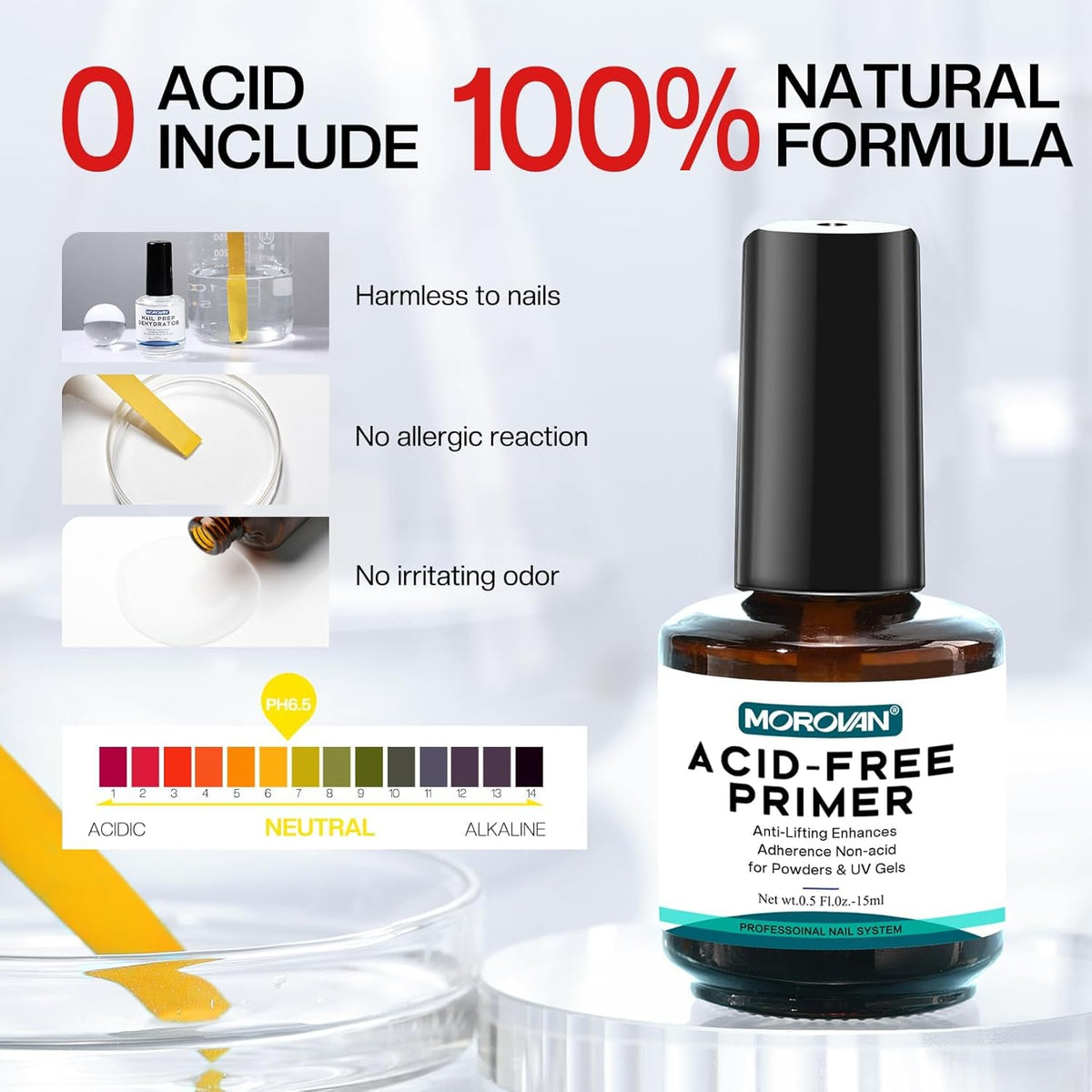 Morovan Nail Prep Dehydrator and Primer, Natural 4 PCS Dehydrator & Acid-Free Bond Primer for