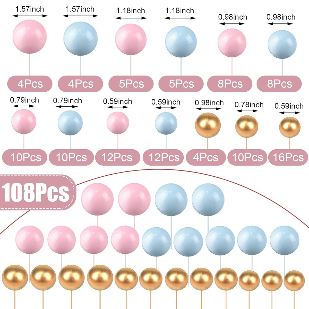 108 Pcs Balls Cake Topper DIY Cupcake Insert Foam Balloons for Cake Baking Wedding Anniversary