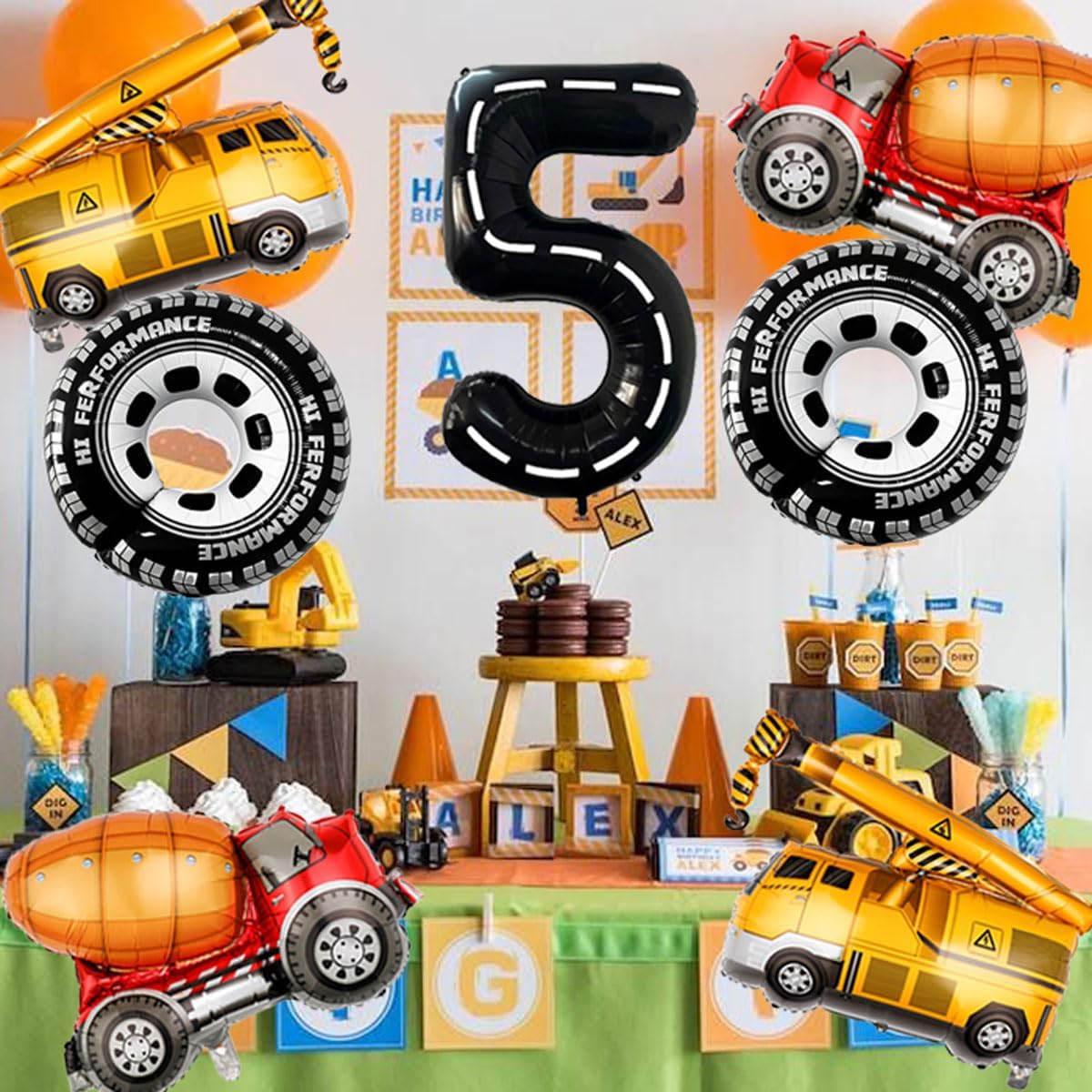 Construction Balloons 5rd Birthday Decorations for Boys 40inch Number 5 Balloons Truck Foil Balloon
