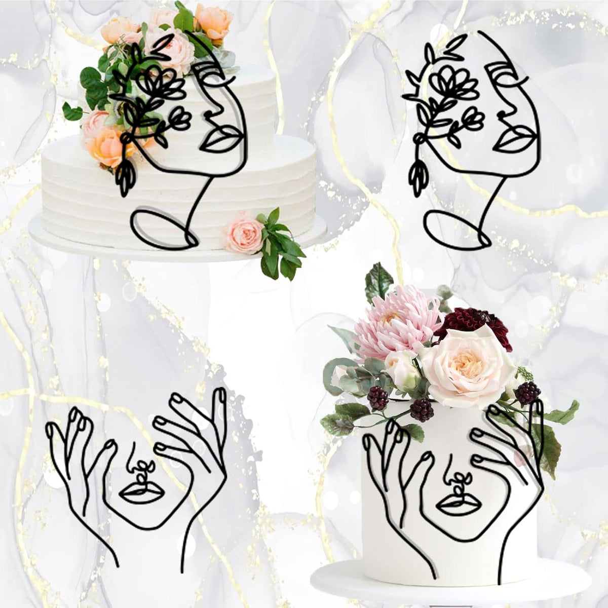 12 Pcs Acrylic Lady Face Cake Topper Minimalist Art Happy Birthday Cake Toppers Women Wedding Cake