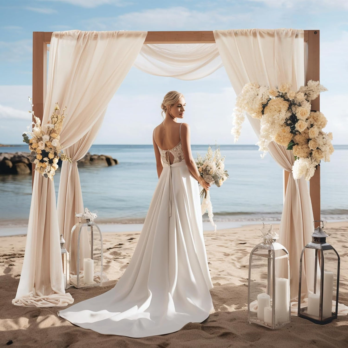 30" x 20Ft Wedding Arch Draping Fabric, 2 Panels Dark Champagne Sheer Curtain Drapes Extra Wide &