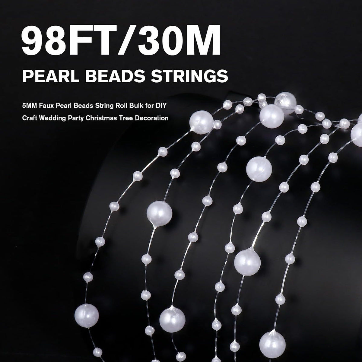 98FT Pearl Beads String Garland, 8mm 3mm White Faux Pearl Beads Roll Strand Bulk for Wedding Party