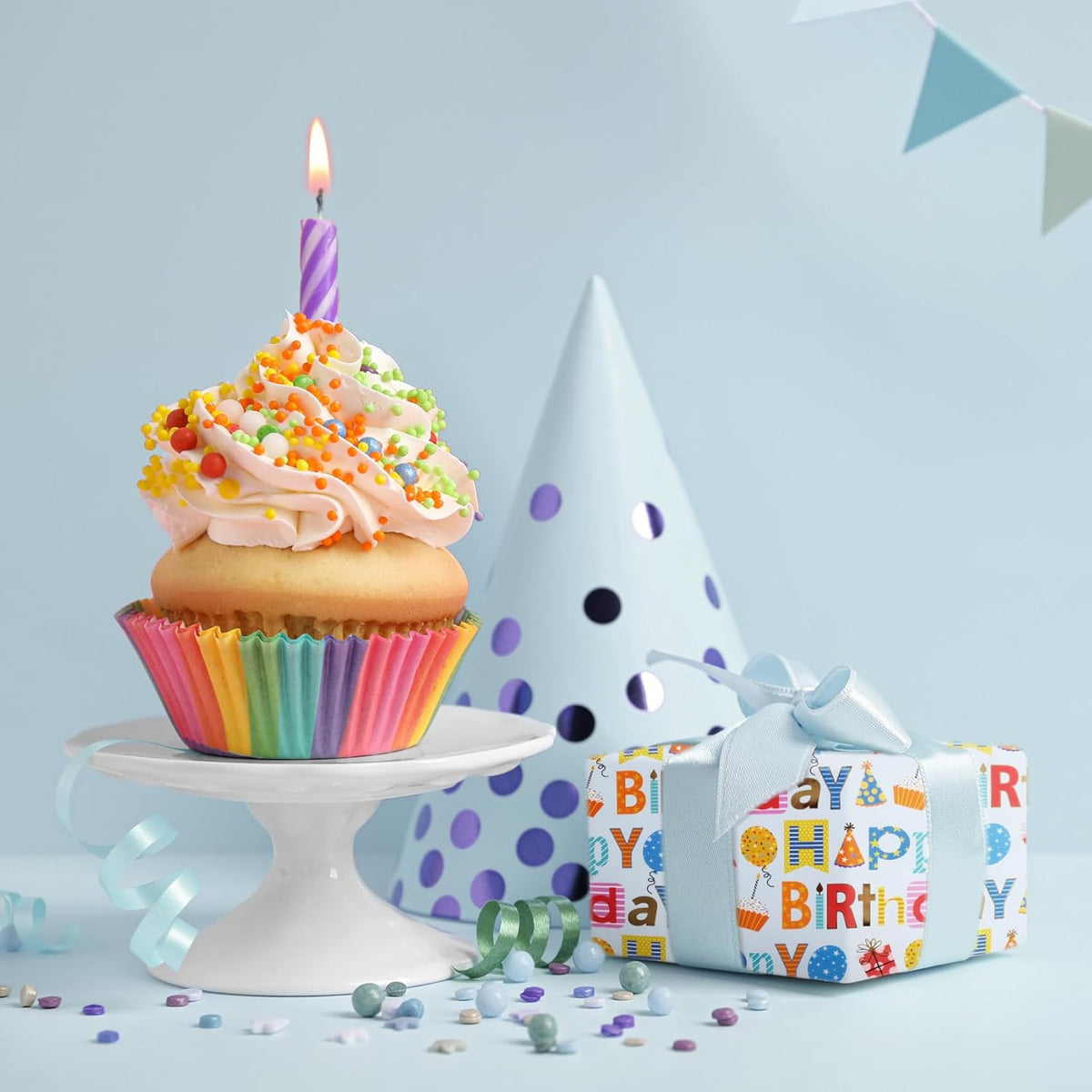 Aimyoo Blue Birthday Wrapping Paper Roll - 17 Inch X 16.4 Feet - Gold Foil Happy Birthday Lettering