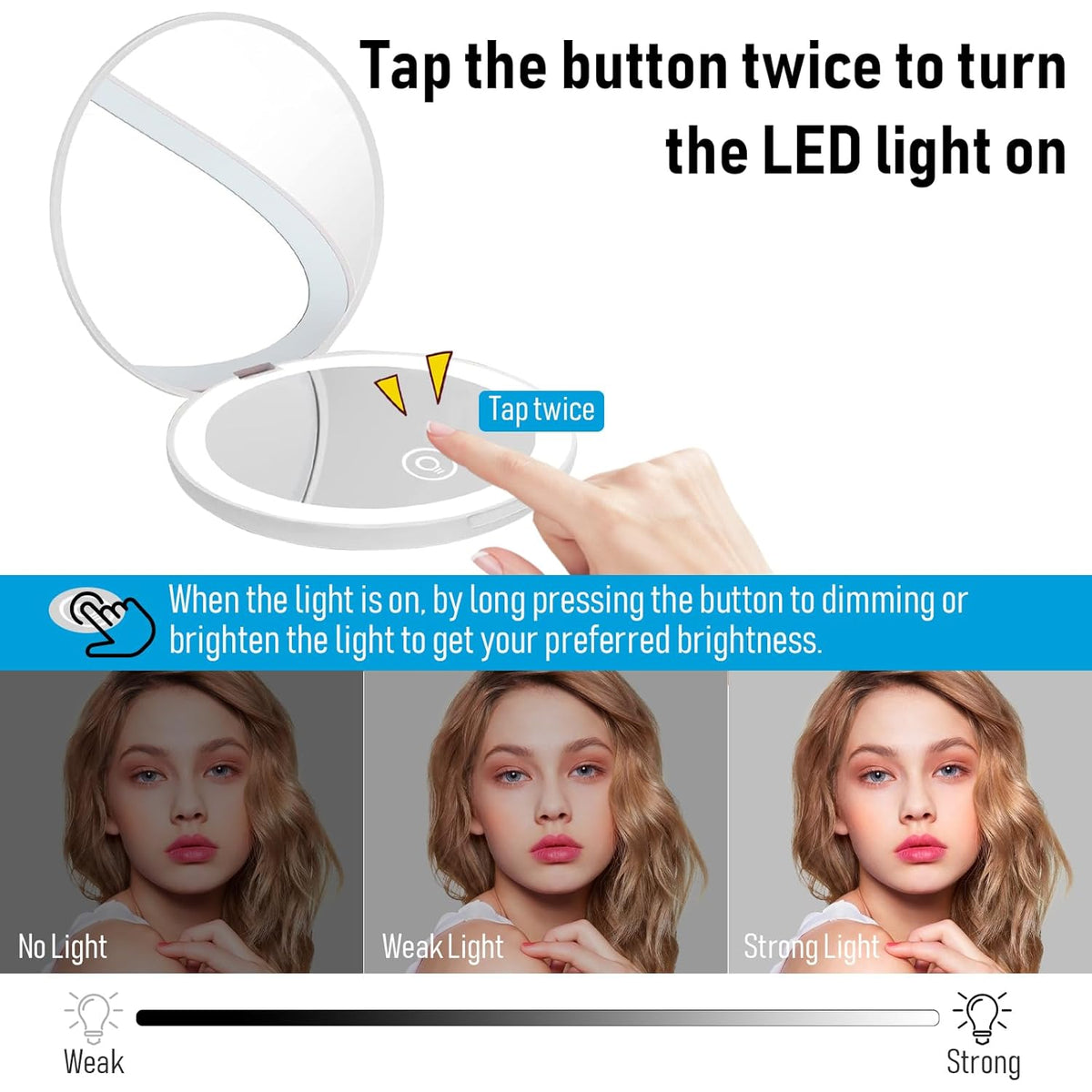 Compact Mirror with LED Light,1x/10x Magnifying Rechargeable Mirror,3.5in, Dimmable Travel Mirror
