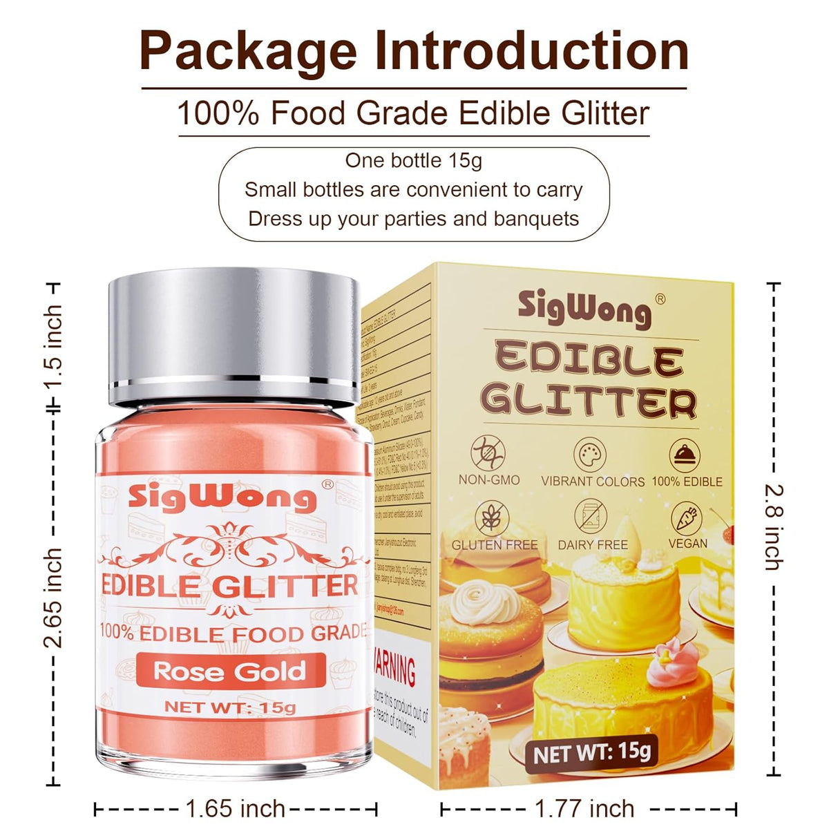 Rose Gold Edible Glitter - 15g Food Grade Luster Dust Powder, Cake Decorating Sprinkle Glimmery