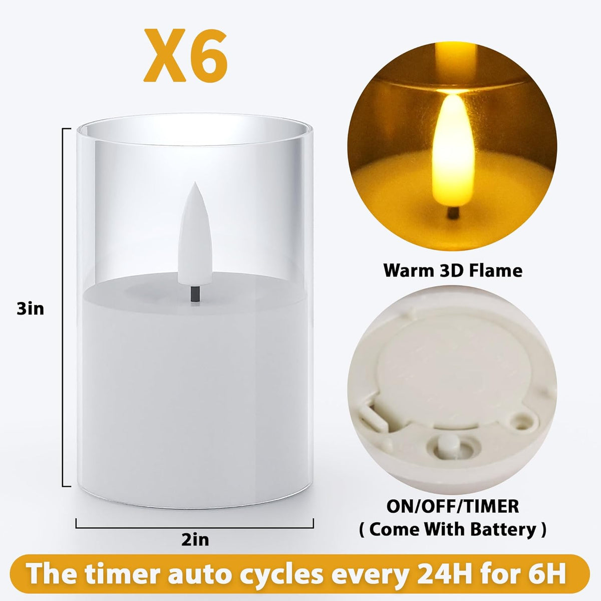 6Pack Flickering Flameless LED Candles with Timer, Battery Powered - Small Pillar & Votive, Clear