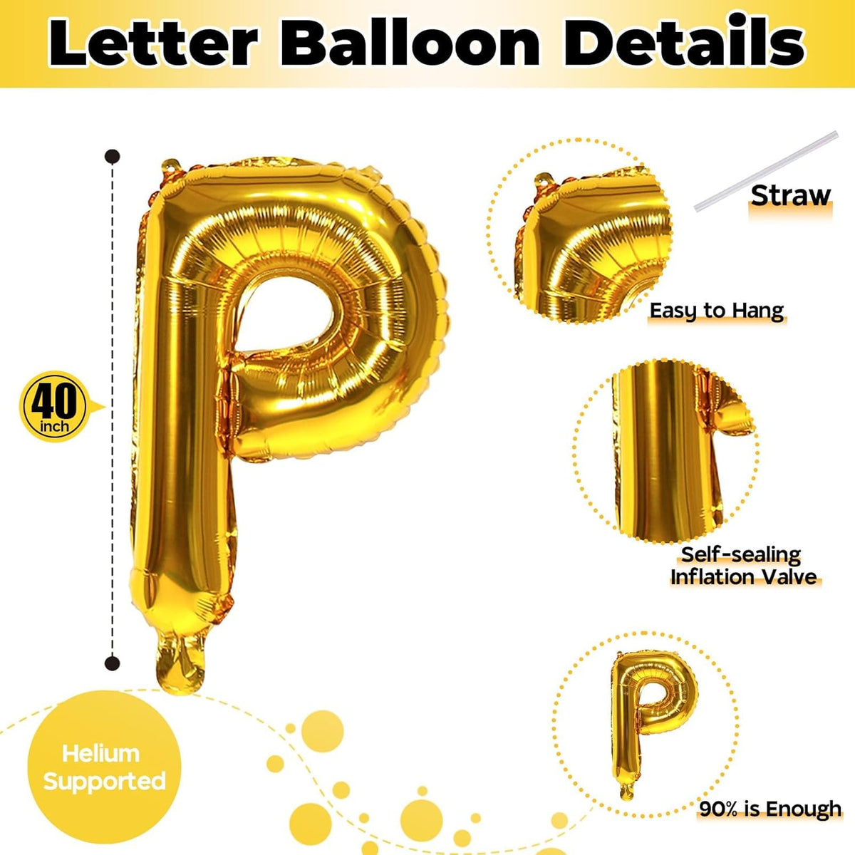 Giant P Alphabet Balloon Letters, Gold Self Inflating Custom Letter Balloons Birthday Decor, 40