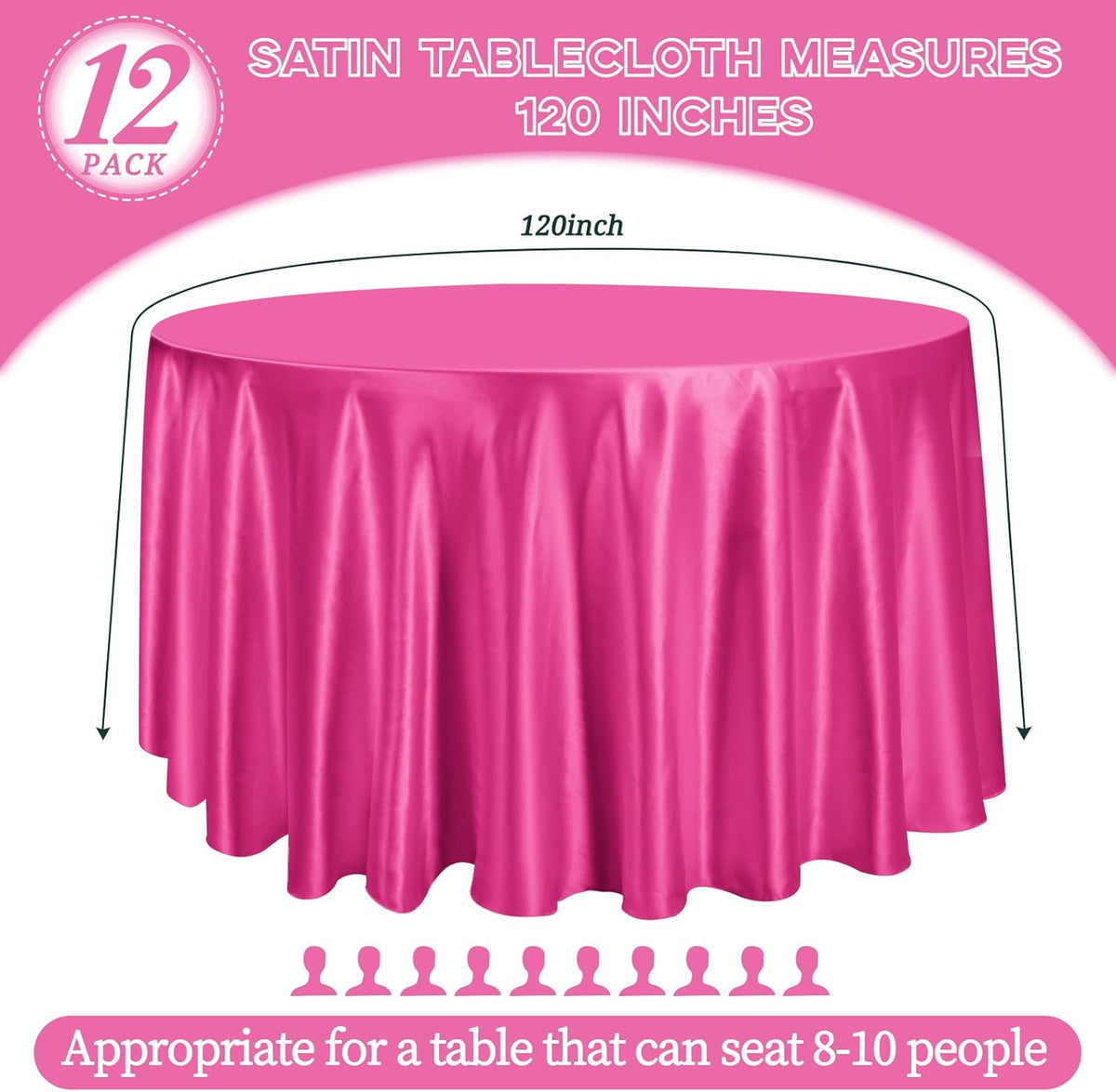 fani 12 Pack 120 Inch Hot Pink Satin Tablecloth - Silky Round Tablecloth Overlay Smooth Fabric
