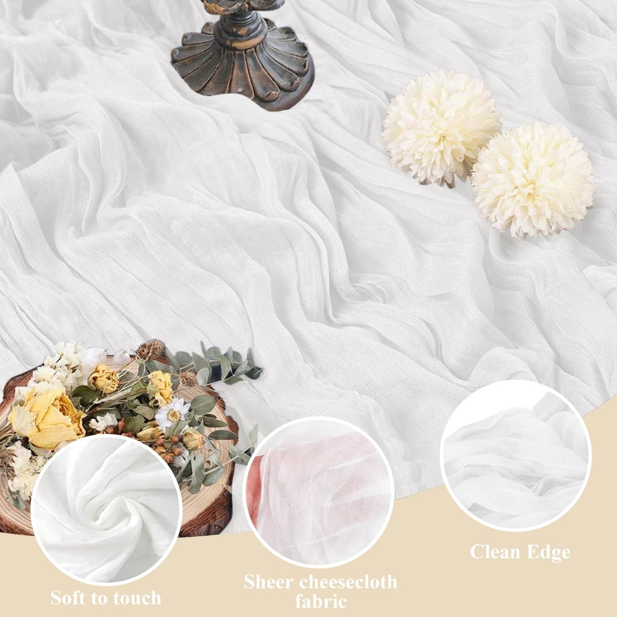 Asee'm 12pcs Cheesecloth Table Runner 120 Inches Long Ivory Boho Gauze Cheese Cloth Runner 10FT