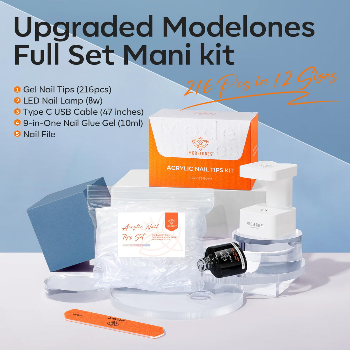 modelones Extra Short Almond Gel Nail Tips Kit, 9-in-One Nail Glue with Portable U V Lamp 216Pcs