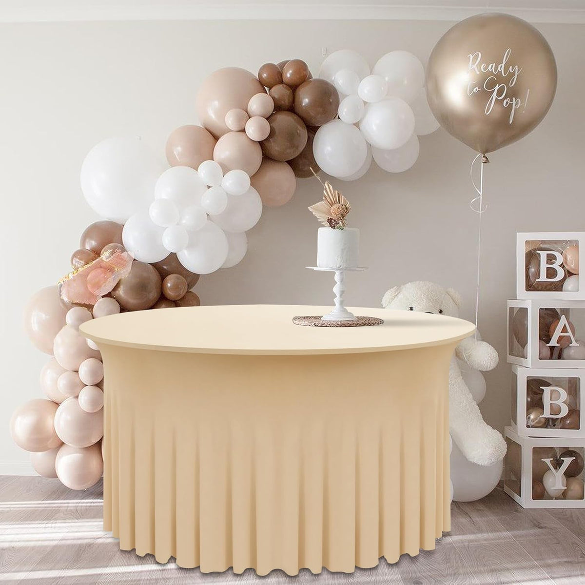 6 Pack Champagne Round Spandex Tablecloth 60 Inch, Wrinkle Free Stretch 120 Inch Fitted 5ft