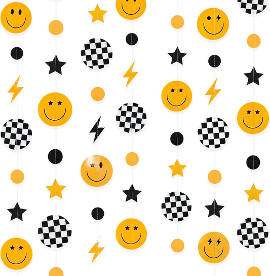 One Happy Dude 1st Birthday Decorations Black Yellow Smile Face Lightning Star Checkered Circle Dot